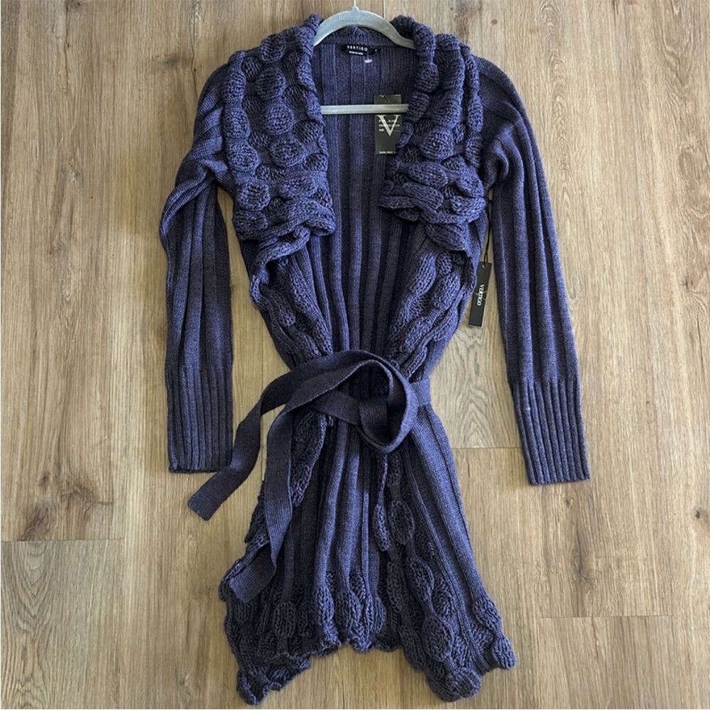 NWT Vertigo Paris Dark Purple Gray Knit Cardigan w adjustable tie waist wrap.
